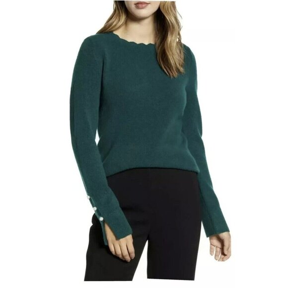 Rachel Parcell Scallop Crew Neck Green Pearl Sleeve Sweater‎ Size XXS - Picture 1 of 8